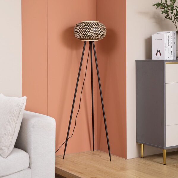 Lampa Podłogowa Lindby, Nerys, drewniany, salon, drewno