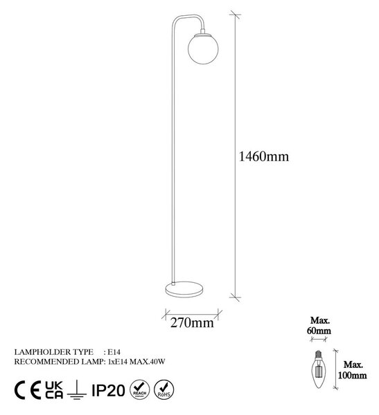 Biała/w kolorze mosiądzu lampa stojąca ze szklanym kloszem (wysokość 146 cm) Viran – Opviq lights