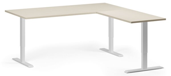 Narożne biurko z regulacją wysokości, 180x180 cm, 3 silniki, L/P, biała podstawa, brzoza
