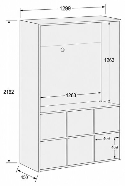 Szafka biurowa FRAME, 6x drzwi, z wnęką, 1299 x 450 x 2162 mm, PUSH-lock, biały