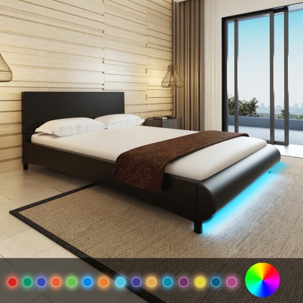 Łóżko LED z materacem memory, czarne, sztuczna skóra 140x200 cm