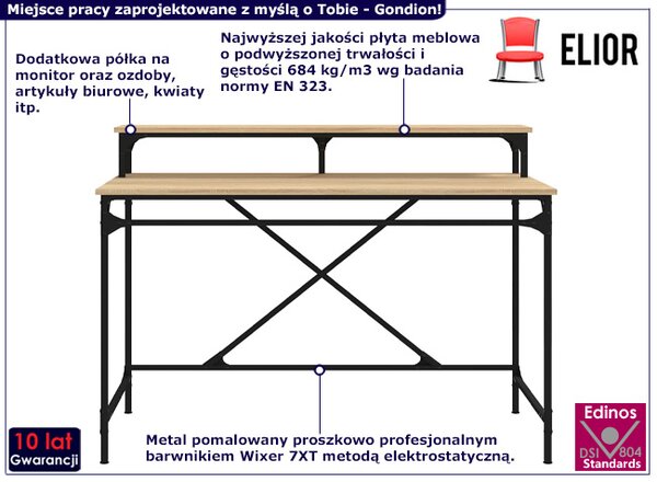 Biurko metalowe z nadstawką w stylu loft dąb sonoma E9-B72