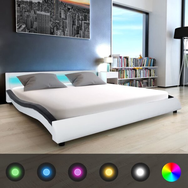 Łóżko LED z materacem, czarno-białe, sztuczna skóra, 180x200 cm