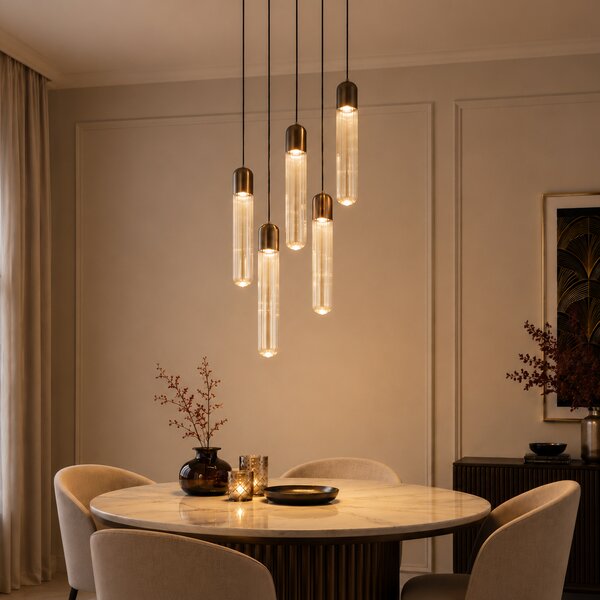 Lampa wisząca Art Deco ciemny brąz z żebrowanym szkłem 5-punktowa - Walcott