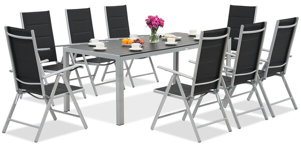 Meble ogrodowe z aluminium z dużym stołem Polywood Verona dla 8 osób Garden Point czarno-szare
