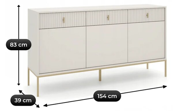 Komoda do Salonu Sypialni MARCOS 154 cm Kaszmir/Złoty Ryflowana Trzydrzwiowa z Szufladami Glamour
