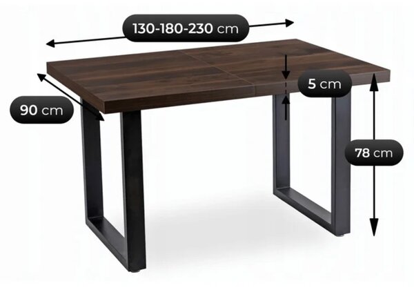 Stół Prostokątny Rozkładany TOMAS 130-230 cm Orzech/Czarny do Jadalni Loft
