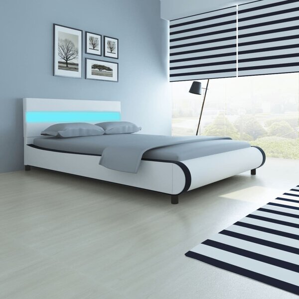 Łóżko LED z materacem, białe, sztuczna skóra, 140 x 200 cm