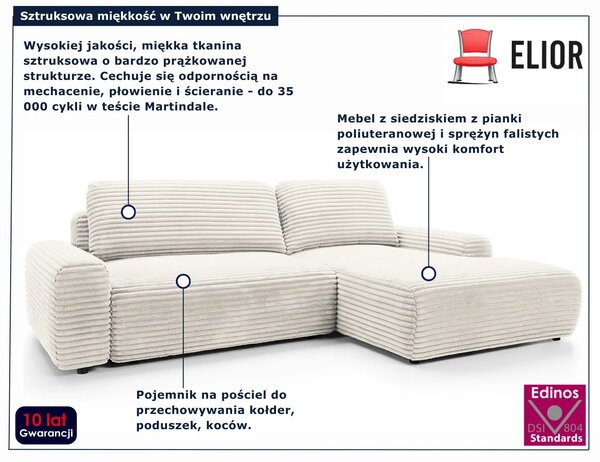 Sztruksowa kanapa narożna z funkcją spania ecru H1-F87