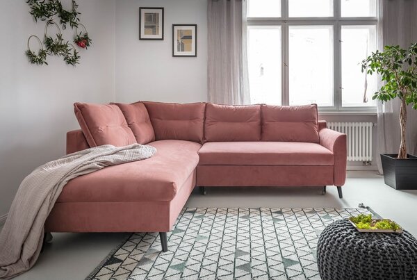 Różowy aksamitny narożnik rozkładany Miuform Stylish Stan L, lewostronny
