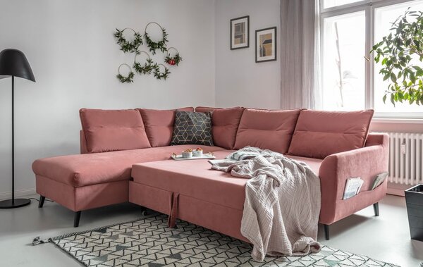 Różowy aksamitny narożnik rozkładany Miuform Stylish Stan L, lewostronny