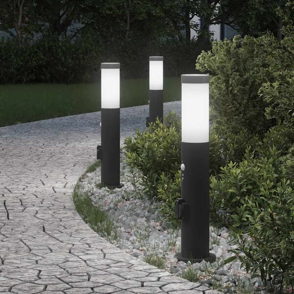 Lampy słupkowe z czujnikiem i gniazdkiem, 3 szt., 50 cm, stal nierdzewna, IP44