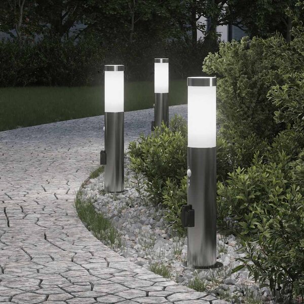 Lampy słupkowe z czujnikiem i gniazdkiem, 3 szt., 50 cm, stal nierdzewna, IP44