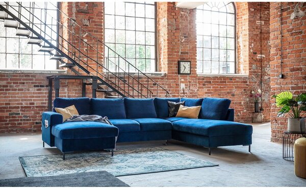 Granatowa aksamitna rozkładana sofa w kształcie litery "U" Miuform Lofty Lilly, prawostronna