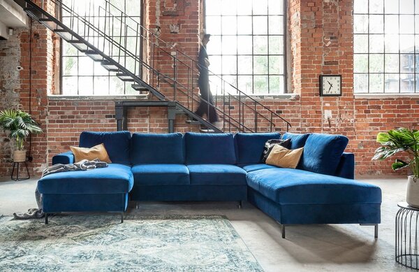 Granatowa aksamitna rozkładana sofa w kształcie litery "U" Miuform Lofty Lilly, prawostronna