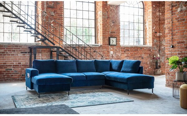 Granatowa aksamitna rozkładana sofa w kształcie litery "U" Miuform Lofty Lilly, prawostronna