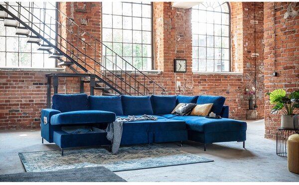 Granatowa aksamitna rozkładana sofa w kształcie litery "U" Miuform Lofty Lilly, prawostronna