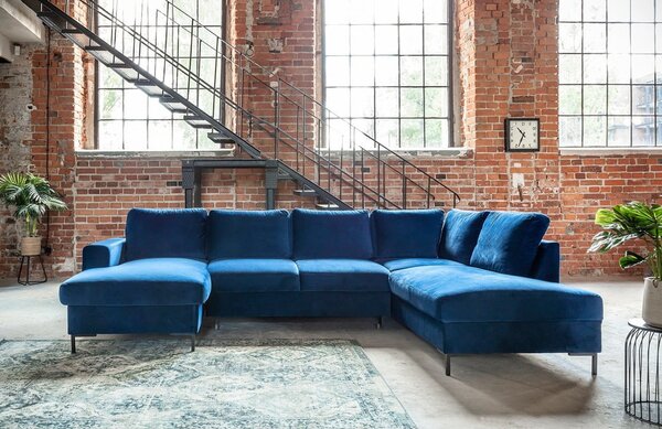 Granatowa aksamitna rozkładana sofa w kształcie litery "U" Miuform Lofty Lilly, prawostronna
