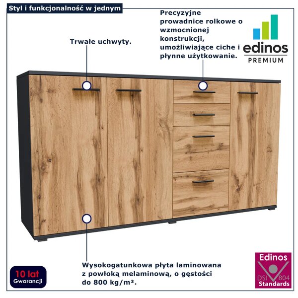 Długa komoda z szufladami i półkami grafit + dąb wotan T0-S51