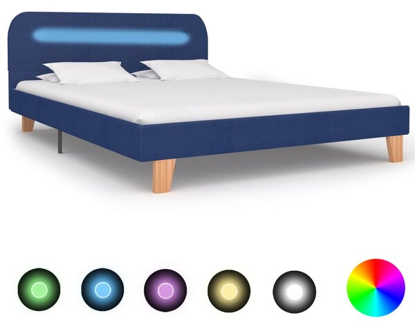 Rama łóżka z LED, niebieska, tapicerowana tkaniną, 140 x 200 cm