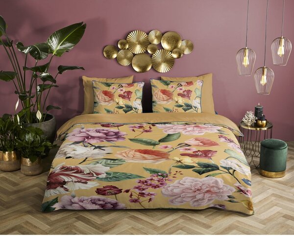 Pościel dwuosobowa z satyny bawełnianej w kolorze ochry 240x220 cm Fiori – Descanso