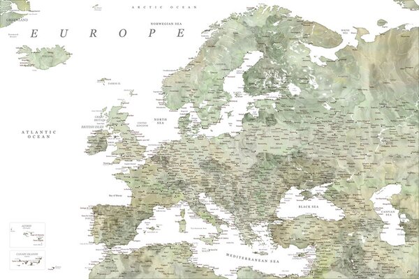 Mapa Detailed map of Europe in green watercolor, Blursbyai