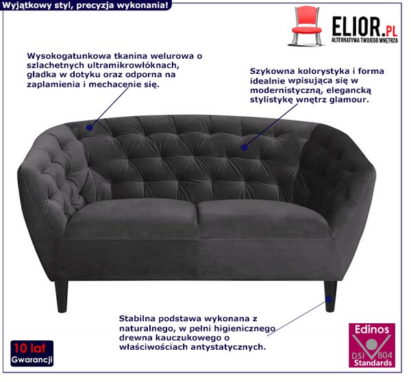 Ciemnoszara sofa welurowa - Galax 2X