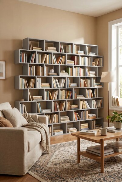 Szara biblioteczka na książki na całą ścianę F0-M98