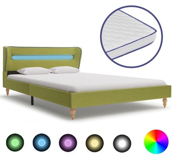 Łóżko LED z materacem memory, zielone, tkanina, 120x200 cm