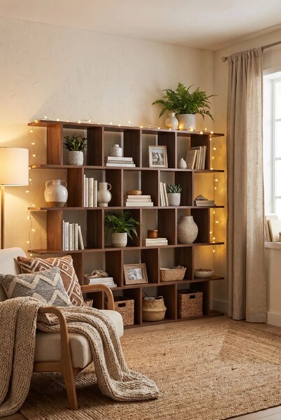 Orzechowa ażurowa biblioteczka w stylu nowoczesnym G3-B40