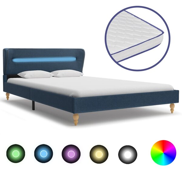 Łóżko LED z materacem memory, niebieskie, tkanina, 140x200 cm
