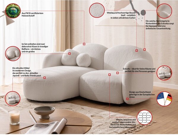 Kremowy narożnik z materiału bouclé (lewostronny/z szezlongiem) Orbit – Ropez