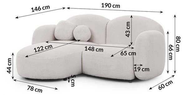 Kremowy narożnik z materiału bouclé (lewostronny/z szezlongiem) Orbit – Ropez
