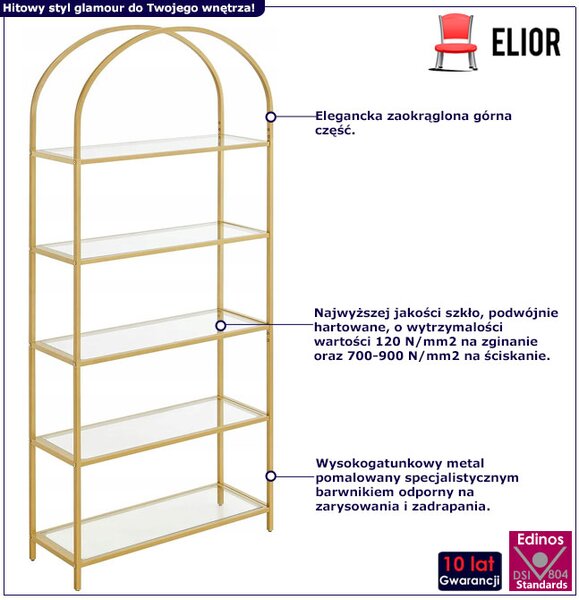 Złoty regał szklany z 5 półkami w stylu glamour W0-W76