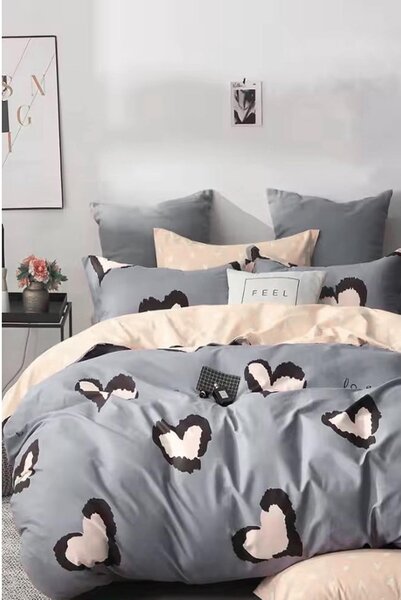 Szaro-beżowa pościel dwuosobowa z bawełny renforcé z prześcieradłem 200x220 cm Double Heart – Mila Home