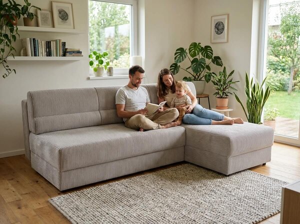 Rozkładana narożna sofa TAVERO SLIM 201x140 cm, jasnobeżowa, uniwersalna