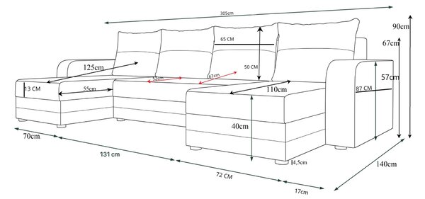 Rozkładana sofa narożna w kształcie U VALERIO 305x140 cm, ciemnozielona