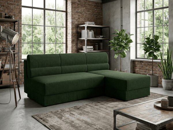 Rozkładana narożna sofa TAVERO SLIM 201x140 cm, ciemnozielona, uniwersalna