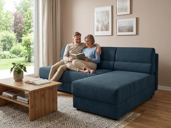 Rozkładana narożna sofa TAVERO SLIM 201x140 cm, ciemnoniebieska, uniwersalna