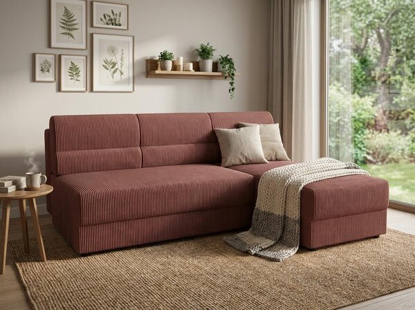 Rozkładana narożna sofa TAVERO SLIM 201x140 cm, ciemnoróżowa, uniwersalna