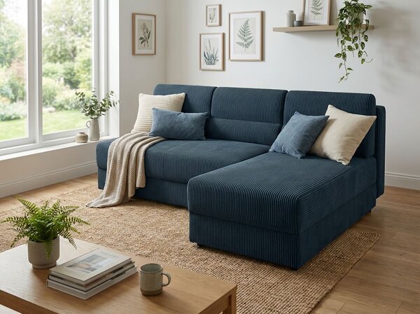 Rozkładana narożna sofa TAVERO SLIM 201x140 cm, ciemnoniebieska, uniwersalna
