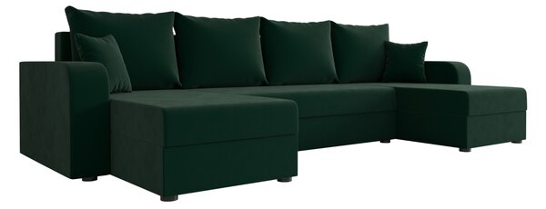 Rozkładana sofa narożna w kształcie U VALERIO 305x140 cm, ciemnozielona