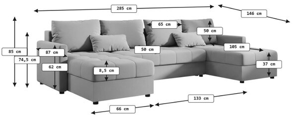 Rozkładana sofa narożna w kształcie U VENORIA 285x146 cm, kremowa + 2 poduszki GRATIS