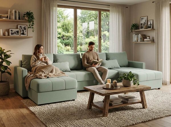 Rozkładana sofa narożna w kształcie U VENORIA 285x146 cm, jasnozielona + 2 poduszki GRATIS