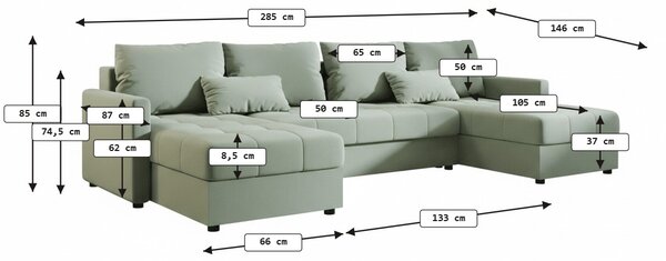 Rozkładana sofa narożna w kształcie U VENORIA 285x146 cm, jasnozielona + 2 poduszki GRATIS