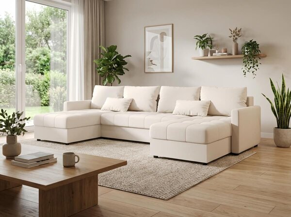 Rozkładana sofa narożna w kształcie U VENORIA 285x146 cm, kremowa + 2 poduszki GRATIS
