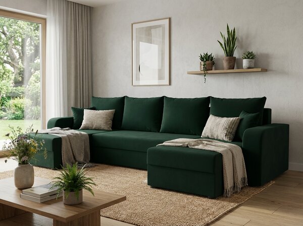 Rozkładana sofa narożna w kształcie U VALERIO 305x140 cm, ciemnozielona