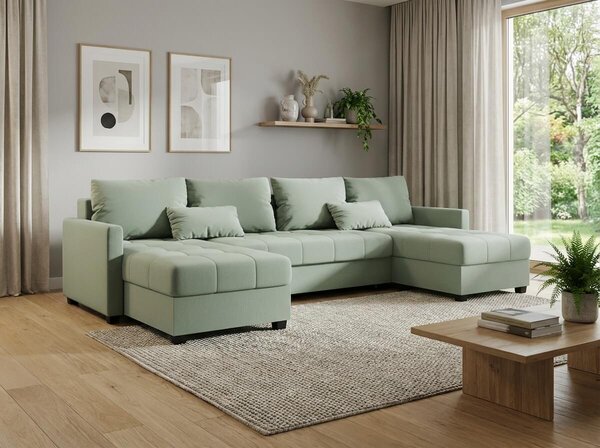 Rozkładana sofa narożna w kształcie U VENORIA 285x146 cm, jasnozielona + 2 poduszki GRATIS