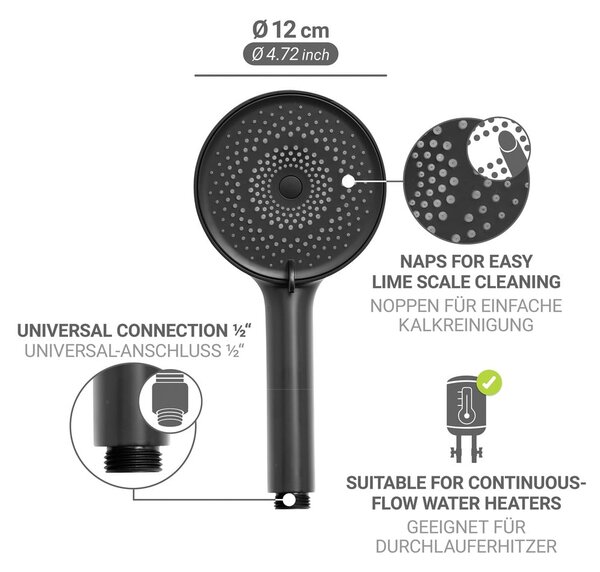 Plastikowa słuchawka prysznicowa w kolorze matowej czerni ø 12 cm Softwater – Wenko
