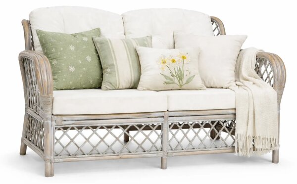 2-osobowa szara sofa rattanowa z lnianą tapicerką T1-E67